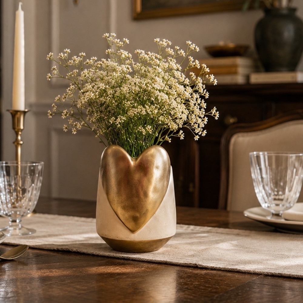 Burton + Burton‎ White Ceramic Vase with Gold Heart & Base 6.5 Inch